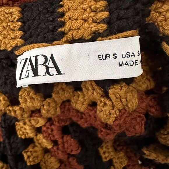 ZARA Womens Crochet Knit Dress Size Small Brown Black Midi Granny Chic - Picture 9 of 9